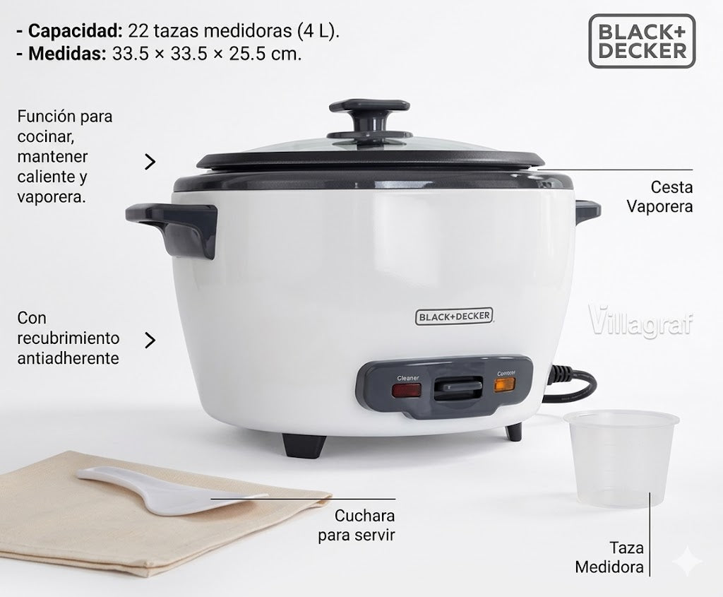 Arrocera y Vaporera BLACK+DECKER 22 Tazas (4L) - Antiadherente RC5225